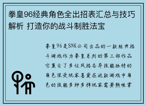 拳皇96经典角色全出招表汇总与技巧解析 打造你的战斗制胜法宝
